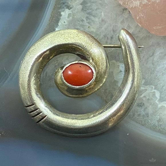 Jewelry - Vintage Native American Sterling Silver SandCast "Circle of Life" w/Coral Brooch